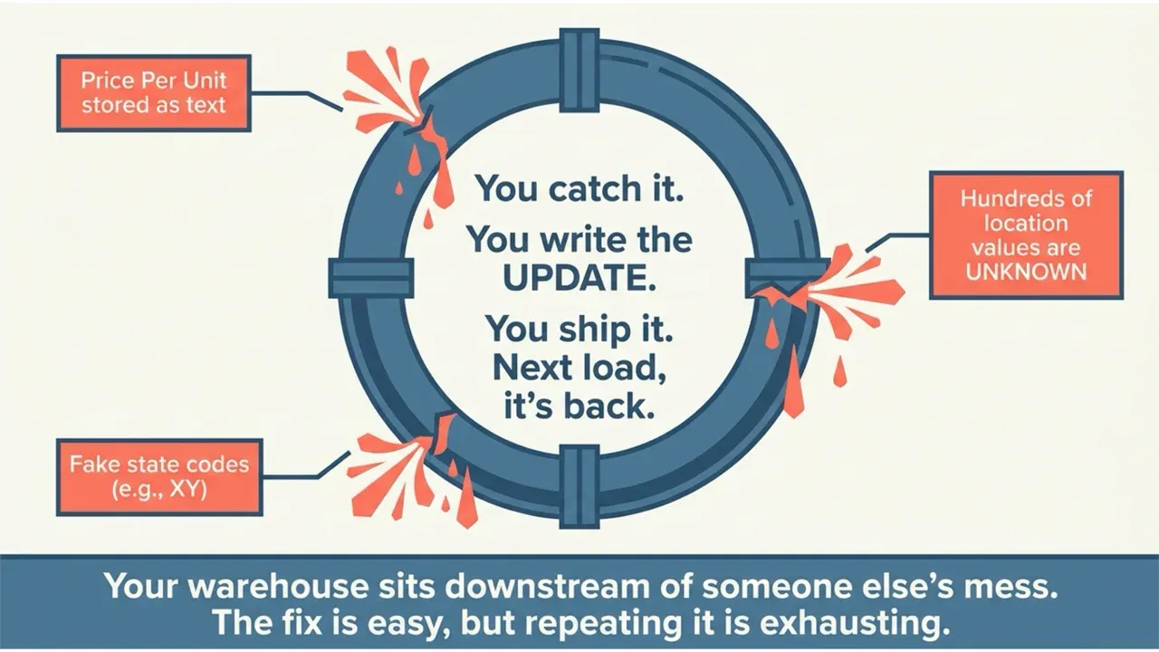 You catch it, you write the UPDATE, you ship it, next load it's back — bad source data keeps recurring